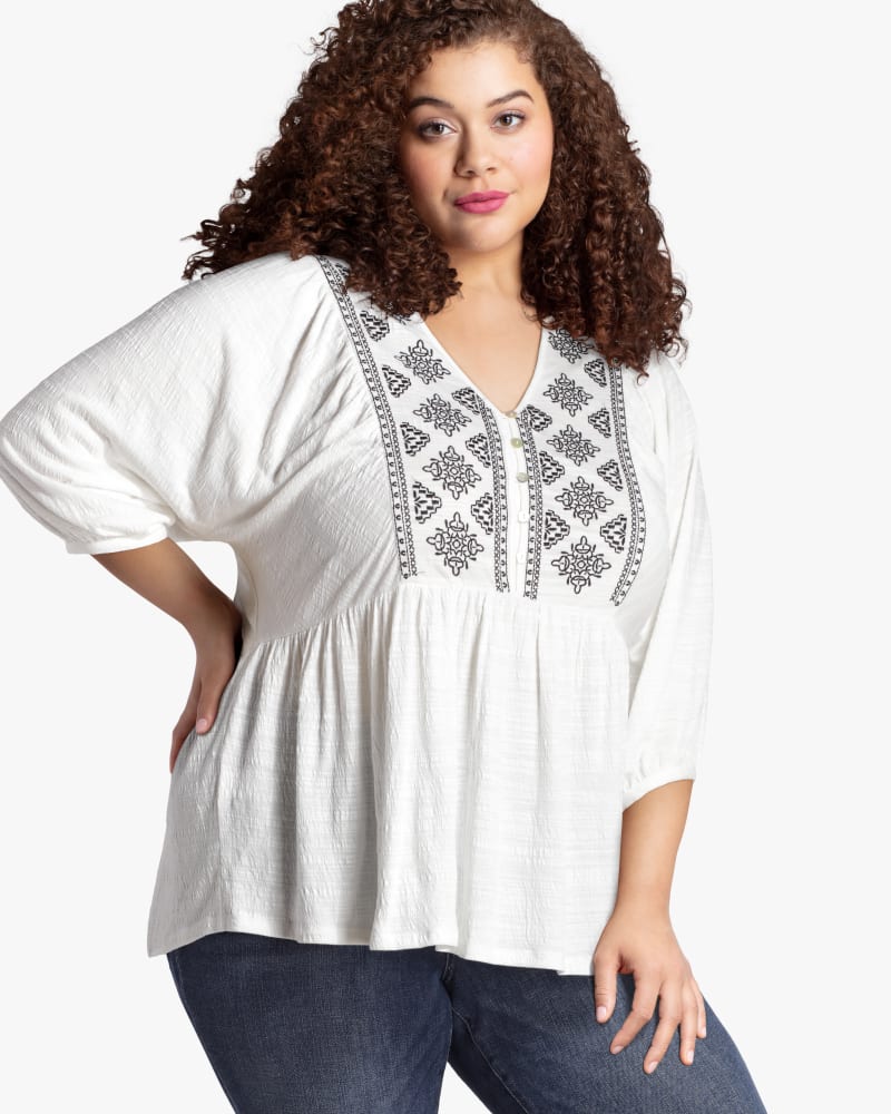 Front of plus size Liza Embroidered Peasant Top by Downing Studio | Dia&Co | dia_product_style_image_id:115842